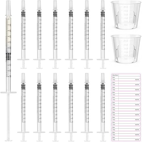 Syringes with Caps Kit, 50pcs 1ml Syringe, 2pcs 30ml Measuring Cup, 50pcs Adhesive Labels, for Colostrum, Pet Feeding, Scientific Labs