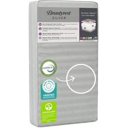 Beautyrest Silver Slumber Nights Dual Sided 2-Stage Crib Mattress and Toddler Mattress - GREENGUARD Gold – Waterproof - Plant Based Soy Foam Core, Grey