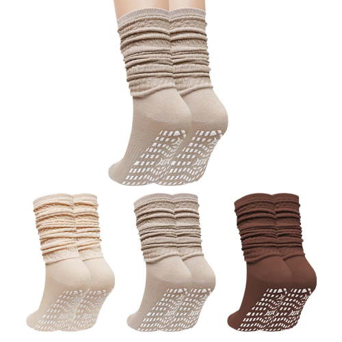 Slouch Socks Women, CaiDieNu Non Slip Long Scrunch Slipper Socks, 3 Pairs Cotton Grip Socks Pilates for Yoga Barre Workout & Fitness