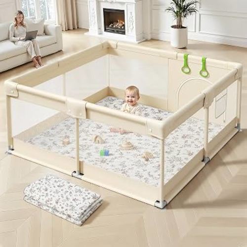 Uanlauo Baby Playpen with Mat, 47×47in Playpen for Babies and Toddlers | Machine Washable Play Mat, Beige Playpen with Anti-Slip Mat, Side Storage Pocket, 360° Mesh, Suction Cup Base, Pull-Up Rings