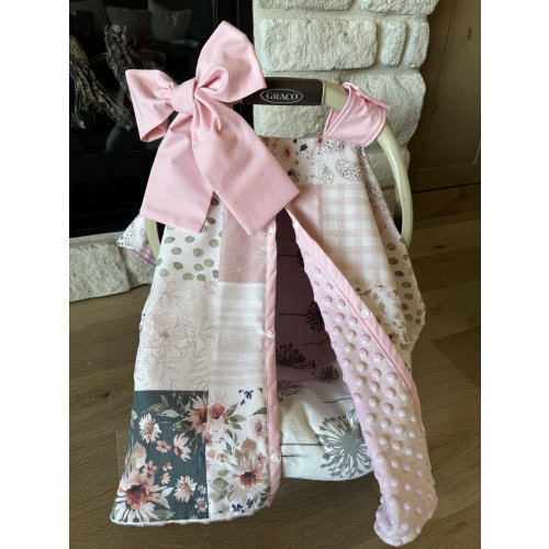 Baby Car Seat Canopy Cover in Patchwork Floral - Pink - All Cotton or Minky - Jumbo Bow Incl - Baby Girl - Shower Gift