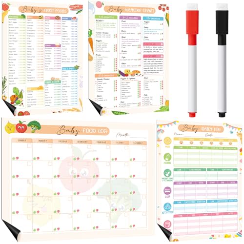 Pasimy 4 Pcs Baby's First Food Tracker Magnet Weaning Chart 11"x14" Baby Food Log Checklist Daily Meal Planner Journal with 2 Dry-Erase Markers 6 to 12 Months Newborn Fridge Recipes List Essentials