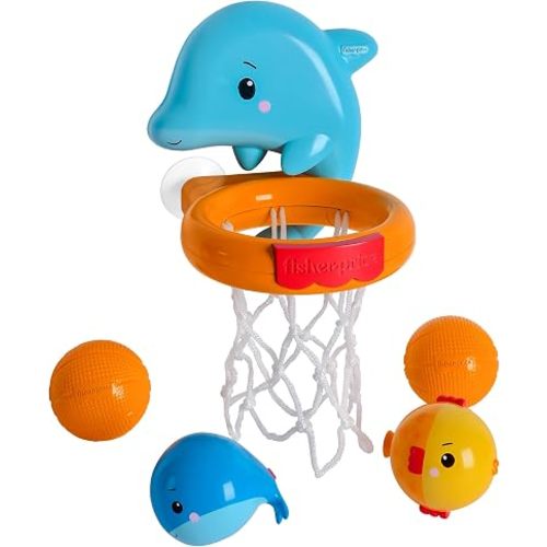 Fisher-Price™ Dolphin Dunk Bath Set, 5-Piece Baby Bath Toy with Dolphin Basketball Hoop, Floating Balls & Water Animal Toys for Babies & Toddlers 6M+