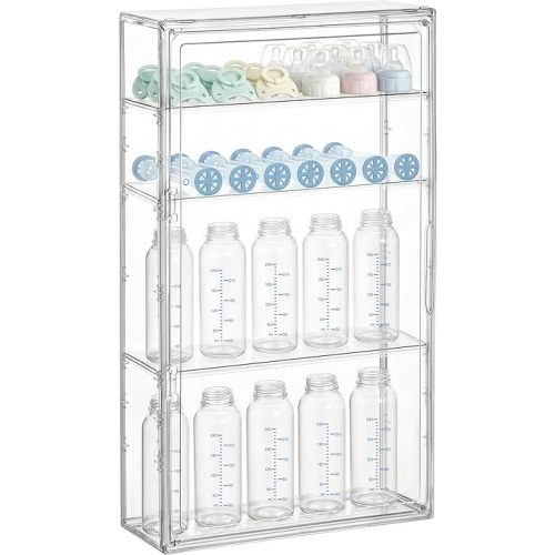 HBlife Baby Bottle Storage Organizer Wall Mount, 4 Tiers Adjustable Clear Acrylic Bottles Storage Station Case Box Container with 3 Removable Dividers and Magnetic Door for Countertop Cabinet, Large