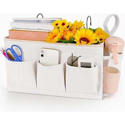 Loghot Bedside Caddy/Bedside Storage Bag Hanging Organizer for Bunk and Hospital Beds,Dorm Rooms Bed Rails,Can be Placed Glasses,Books,Mobile Phones,Keys (New White)