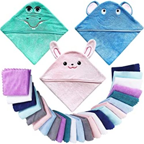 3 Pack Baby Hooded Bath Towel with 24 Count Washcloth Sets for Newborns Infants & Toddlers, Boys & Girls - Baby Registry Search Essentials Item - Crocodile, Rabbit, Elephant