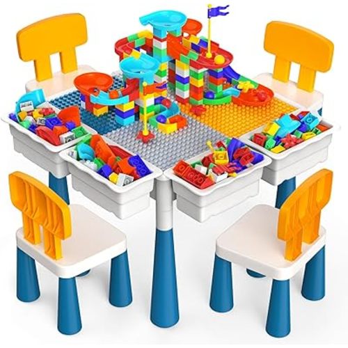 arscniek Toddlers Activity Table 7 in 1 Kids Activity Tables and 4 Chairs with 152Pcs Large Marble Run Building Blocks, Sand/Water Tables, Kids Learning Play Table Toys for Girls Boys Toddler Age 3-7