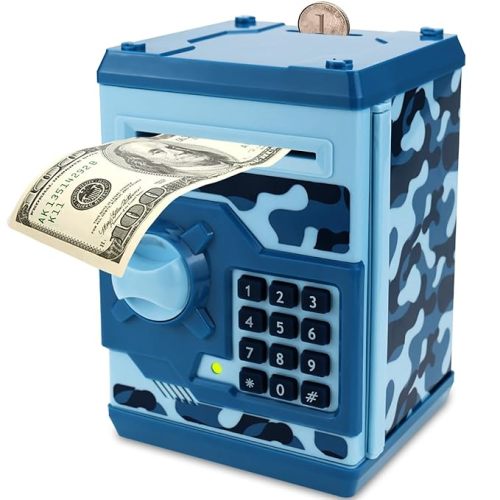 Piggy Bank for Boys Girls, 4 5 6 7 8 9 10 Year Old Girl Boy Birthday Gift Ideas, Electronic Password Money Saving Box ATM, Great Gift Safe Bank Toys for Kids (Camouflage Blue)