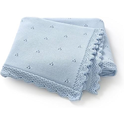 LAWKUL Organic Cotton Baby Blanket for Newborn Boys Girls, Knitted Crochet Receiving Blankets Crib Nursery Swaddle, 30x40 Inch (Light Blue)