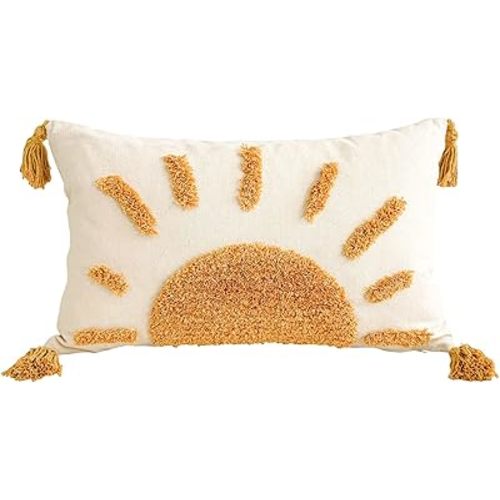 Zealax Lumbar Decorative Boho Throw Pillow Cover 12x20 Inch for Couch Living Room Outdoor, Sun Tufted Pillow Covers with Tassels Cushion Case, Rustic Farmhouse Home Decor (No Pillow Insert, 1Pc)