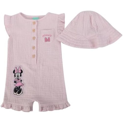 Magic Threadz Disney Clothes Baby Girls Woven Gauze Romper with Hat, Minnie Mouse & Winnie the Pooh, Infant Outfit (0–9M)