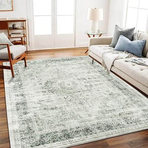 CHAMPLANT Area Rug 6'x9' Washable Floral Green Vintage Traditional Floor Cover Thin Retro Kitchen Indoor Distressed Non Slip Carpet for Living Room Bedroom Dining Room
