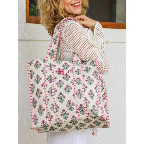 White Elephant Christmas Gift for Her | Cotton Quilted Bag Women's Travel Bag | Handmade Shoulder Purse Large Floral | Block Print Tote Bag