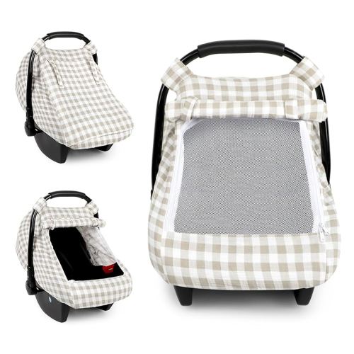 DILIMI Car Seat Covers for Babies, Muslin Cotton Baby Car Seat Cover with Breathable Mesh Window, Summer Infant Car Seat Canopy for Boys Girls Newborn, Khaki Checkered