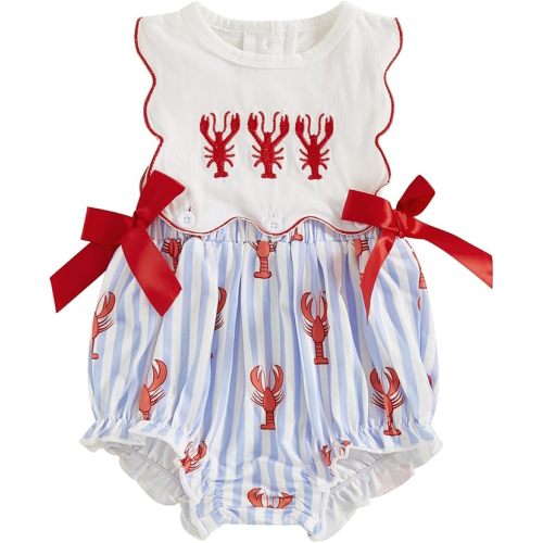 Newborn Baby Girl Crawfish Clothes Lobster Embroidery Smocked Bubble Romper Summer Ruffle Sleeve Bodysuit Jumpsuit