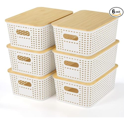 Ohmlove Plastic Storage Baskets With Bamboo Lid - Plastic Storage Containers Stackable Storage bins: Storage Baskets for Organizing Shelves Drawers Desktop Closet Playroom Classroom Office, 6 Pack