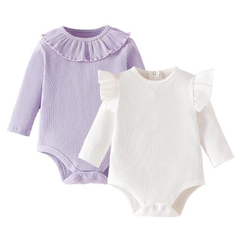 ROMPERINBOX Baby Girl Bodysuit 2 Pack, Long Sleeve Ribbed Knitted Onsies Ruffle Collar and Flutter Sleeve Fall Winter Clothes