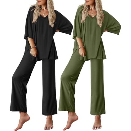 Ekouaer 2 Packs Lounge Set for Women Short Sleeve Pajamas Top and Long Pant