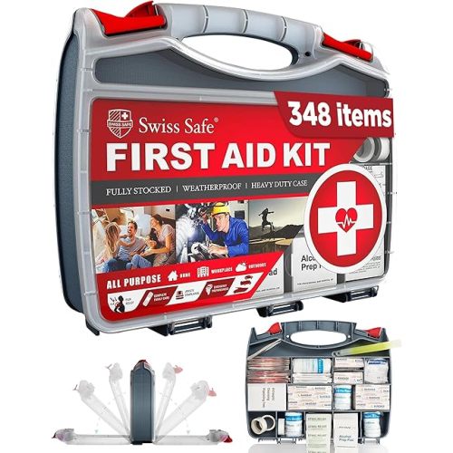 Swiss Safe 2-in-1 First Aid Kit for Car, Travel & Home, Businesses - Bonus Mini Kit for Medical Emergency Aid, Survival, Camping - FSA & HSA Eligible - 348 Pcs, Large Hardcase FAK
