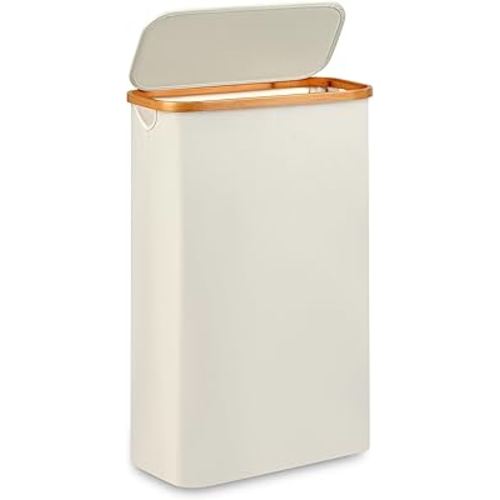 Slim Laundry Hamper,Narrow laundry Hamper with Lid,60L Hamper for Laundry,Dirty Cloth Hamper with Bamboo Handle for Toys,Towels, Clothes Organizing,Beige