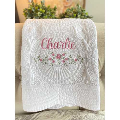 Custom Embroidered Personalized Heirloom Quilt, Delicate Floral Rose Name Blanket, Cotton Nursery Bedding with Flowers