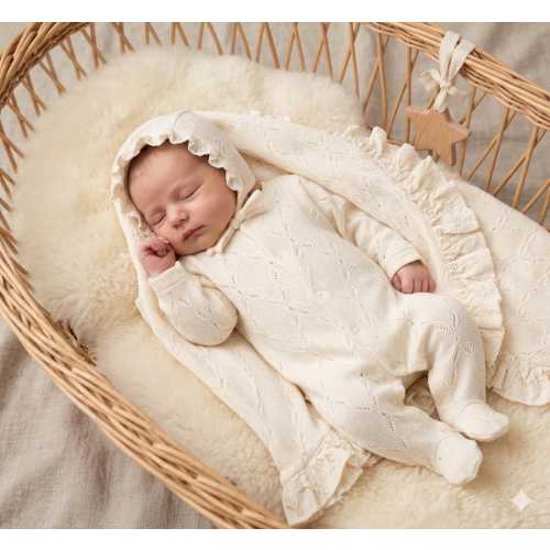 Cream Knit Baby Girl Outfit Set, Romper, Bonnet, Ruffle Blanket
