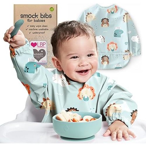 Waterproof Smock Baby Bibs for Eating (Boy or Girl 6-24 Months) - Toddler Long Sleeve Bib for Baby Led Weaning