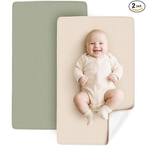 Konssy 2 Pack Waterproof Muslin Portable Changing Pad, Diaper Changing Mat | Soft & Foldable, Cotton Surface with Terry Backing & Waterproof Lining, for Newborn Girls & Boys, 30" x 17" (Fog Green,Cream)