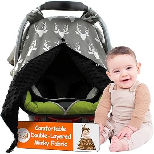 Dear Baby Gear - 40x30 Car Seat Canopy, Infant Carrier Cover for Boys & Girls, Cozy Fall Baby Shower Gift, Nursing & Stroller Use, Newborn Travel Sunshade Accessory, Antlers on Grey, Black Dot
