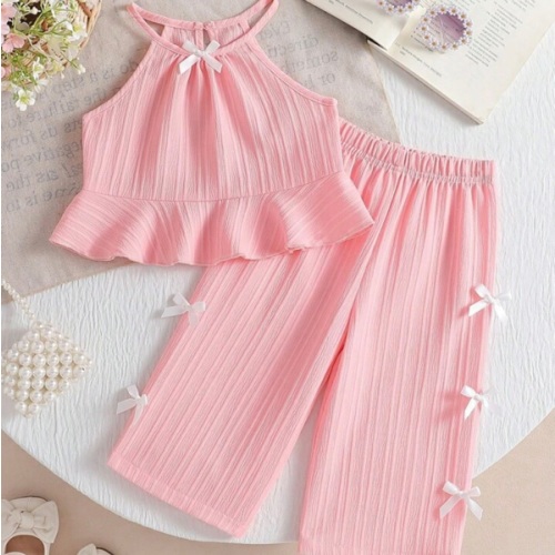 2pcs Baby Girls' Solid Color Spaghetti Strap Camisole Top With 3D Bow Decor & Ruffle Hem, Straight Leg Pants Set, Pink, Suitable For Valentine's Day, Spring/Summer Casual Wear | SHEIN USA