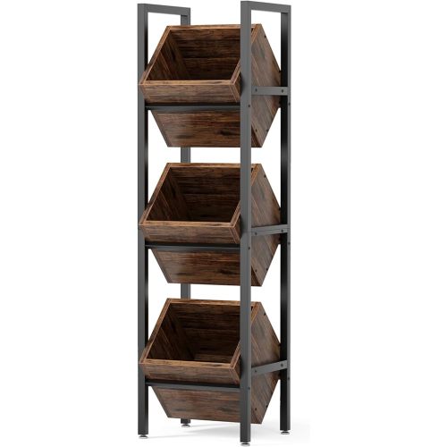 LITTLE TREE 3-Tier Basket Stand, Wooden Floor Stand Shelving Unit, Rustic Standing Organizer Storage Rack for Kitchen, Bathroom, Living Room