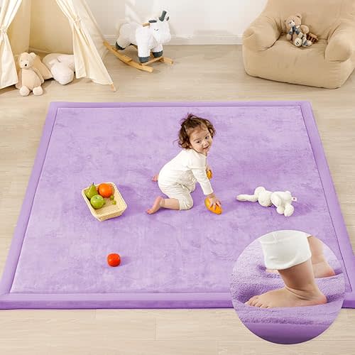 1.3" Thick Baby Play Mat,Ultra Soft Elasti-Foam 50×50 Playpen Mat for Tummy Time,Water-Repellent Coral Fleece Nursery Rug for Infants,Toddlers,Kids,Non-Slip Safe for Crawling(Lavender)