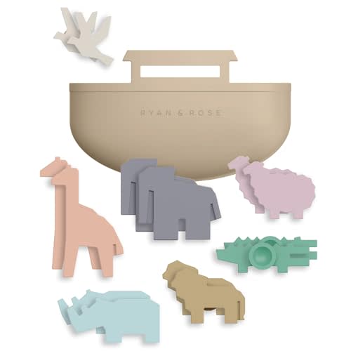 Noah's Ark Suction Toys - 1 Ark, 14 Animals (7 Pairs) - Toddler Bath Toys, Baptism Gifts for Boys, Mold Free No Hole Silicone