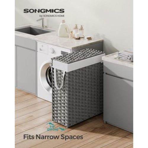 SONGMICS Slim Laundry Hamper with Lid, Rattan Clothes Laundry Basket with Lid and Handles, Foldable, Removable Liner, Dove Gray