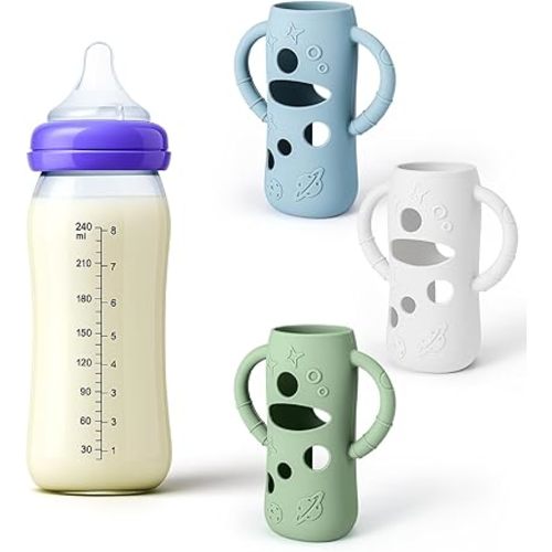 Mity rain 3 Pack Silicone Sleeves for Lansinoh Glass Bottles 8 OZ - Anti Breakage Baby Bottle Holder, Compatible with Lansinoh Glass Bottles for Babies with Handle
