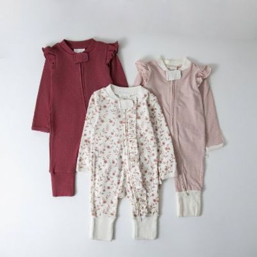 Picolette by Olivia Culpo Baby Girls' 3pk Long Sleeve Pajama Romper fold over footie cuff - Pink/white 0-3M