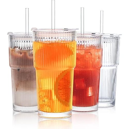 INSETLAN 20 oz Ribbed Glass Tumblers with Lids and Glass Straws – 4-Piece Glassware Set, Thickened Wall, Ideal for Iced Coffee, Smoothies, Cocktails, and Juices – Elegant and Durable Drinkware
