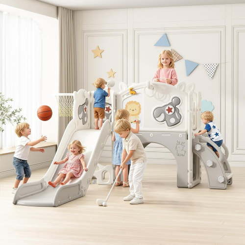 12 in 1 Toddler Slide, NEORIVER Kids Indoor Slide for Toddlers 1-3 Years Old, Toddler Indoor Playground with Drawing Board, Golf Set, Ring Toss, Basketball Hoop and Storage