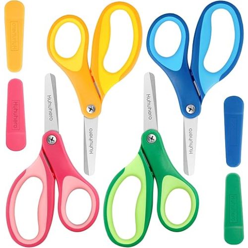 Huhuhero Kids Scissors, 5'' Safety Toddler Scissor Blunt Tip with Cover, Small Craft Cutting Paper Scissors for Child Kid Age 4-7 8 9, Assorted Colors, 4 Pack