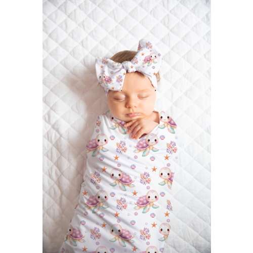 Turtle Baby Swaddle, Ocean Theme Baby Girl Blanket, Knotted Hat or Bow, Coming Home Outfit, Under The Sea, Newborn Photo Prop, Shower Gift