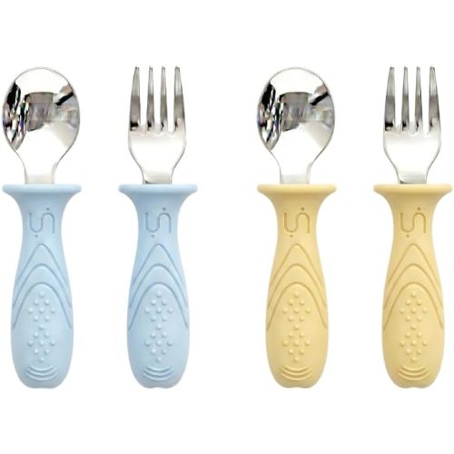 Stainless Steel Toddler Utensils Self Feeding Set, 4-Pack Baby Spoons and Forks with Silicone Handles, BPA-Free Silverware | Anti Choke Design Cutlery (Mocha Mousse & Sage Green)