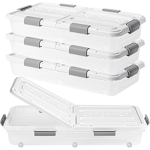 4 PCS*49 Qt Wheeled Latching Under Bed Storage, Double Opening Lids Stackable Bin with Latch Lid, Plastic Container to Organize Shoes Underbed, Clear with White Lid(White)