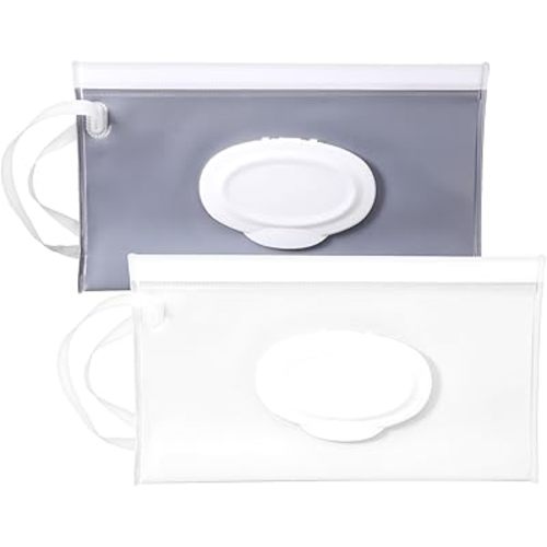 Reusable Wipes Pouch 2 Pack Portable Refillable Wipe Container, Waterproof and Dustproof Travel Wipes Case Baby Wipes Dispenser, Baby Wipe Holder Refillable for Travel (White & Gray)