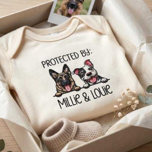 Custom Embroidered Pet Portrait Baby Bodysuit - Protected By Dog Onesie - Dog Sibling Baby - German Shepherd Baby Gift