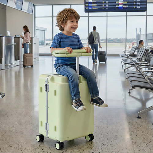 TABU Ride-On Suitcase for Kids with Seat, Carry-On Luggage with Computer Hook, 360° Lockable Spinner and TSA Lock, White