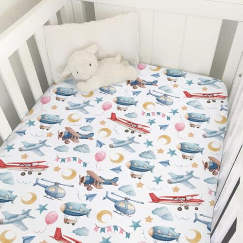 Watercolor Airplanes Helicopters Baby Crib Sheets for Boy Girl Travel Biplanes Air Transport Soft Snug Fitted Crib Mattress Covers for 52x28 Standard Crib & Toddler Mattress Sky Adventure Bed Sheets