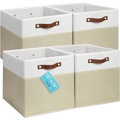 OrganiHaus 13" x 13" x 13" Cube Fabric Storage Bins Set of 4, Fabric Storage Cubes w/ Vegan Handles, 13 inch Collapsible Bins for Clothes & Toy Organizer, 13x13 Basket for Decor - Beige/White
