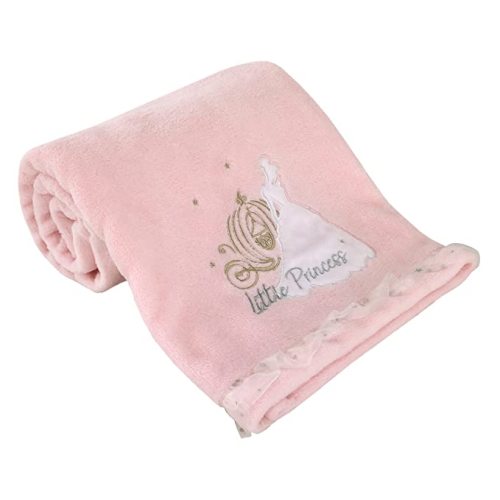 Disney Princess Enchanting Dreams Pink Cinderella Applique and Embroidered Super Soft Baby Blanket with a Silver Sparkle Organza Trim