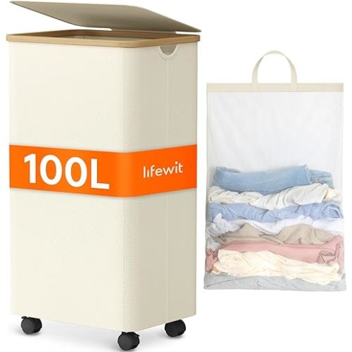 Lifewit 100L Laundry Basket with Wheels, Large Rolling Laundry Hamper with lid, Collapsible Bamboo Dirty Clothes Hamper with Handles & Removable Bag for Bathroom Bedroom Dorm, White
