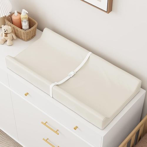 Wipeable Baby Changing Pad for Dresser and Table, Cozy Diaper Changing Pad with Waterproof & Wipe-Clean Leather Cover, Off-White